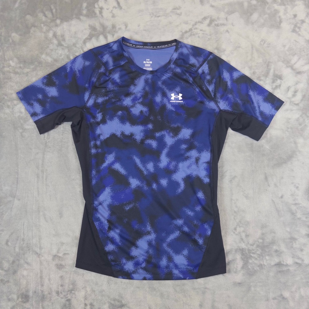 Under Armour HeatGear Compression Shirt Mens XL Blue Black Camo Short Sleeve Tee
